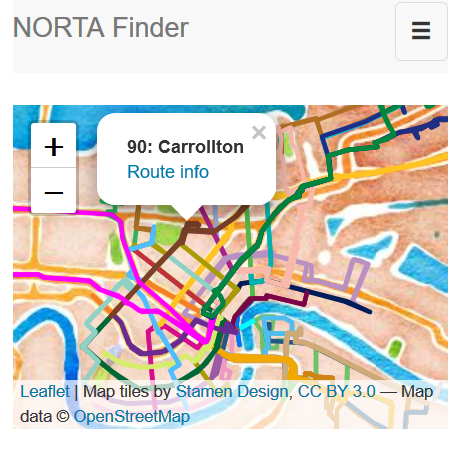 Screenshot of NORTA Tracker, including colorful map of New Orleans RTA system