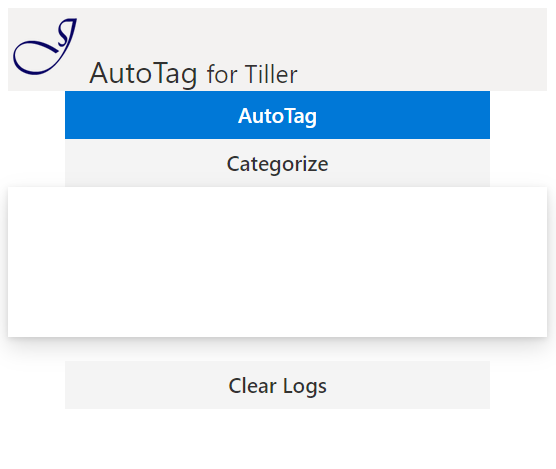 Screenshot of Auto Tag for Excel, with buttons for AutoTag, Categorize, and Clear Logs buttons